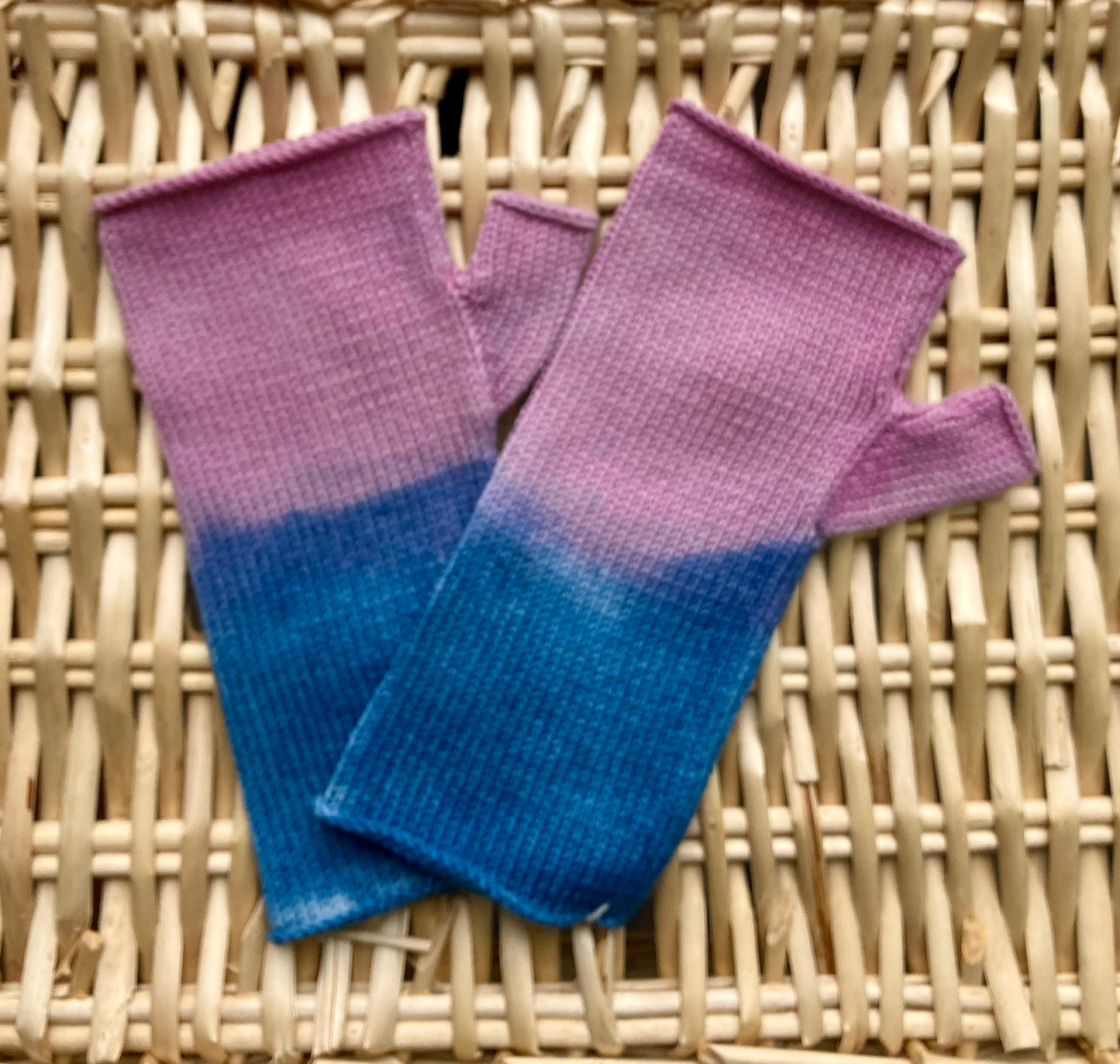 Indigo and pink dip-dyed fingerless gloves