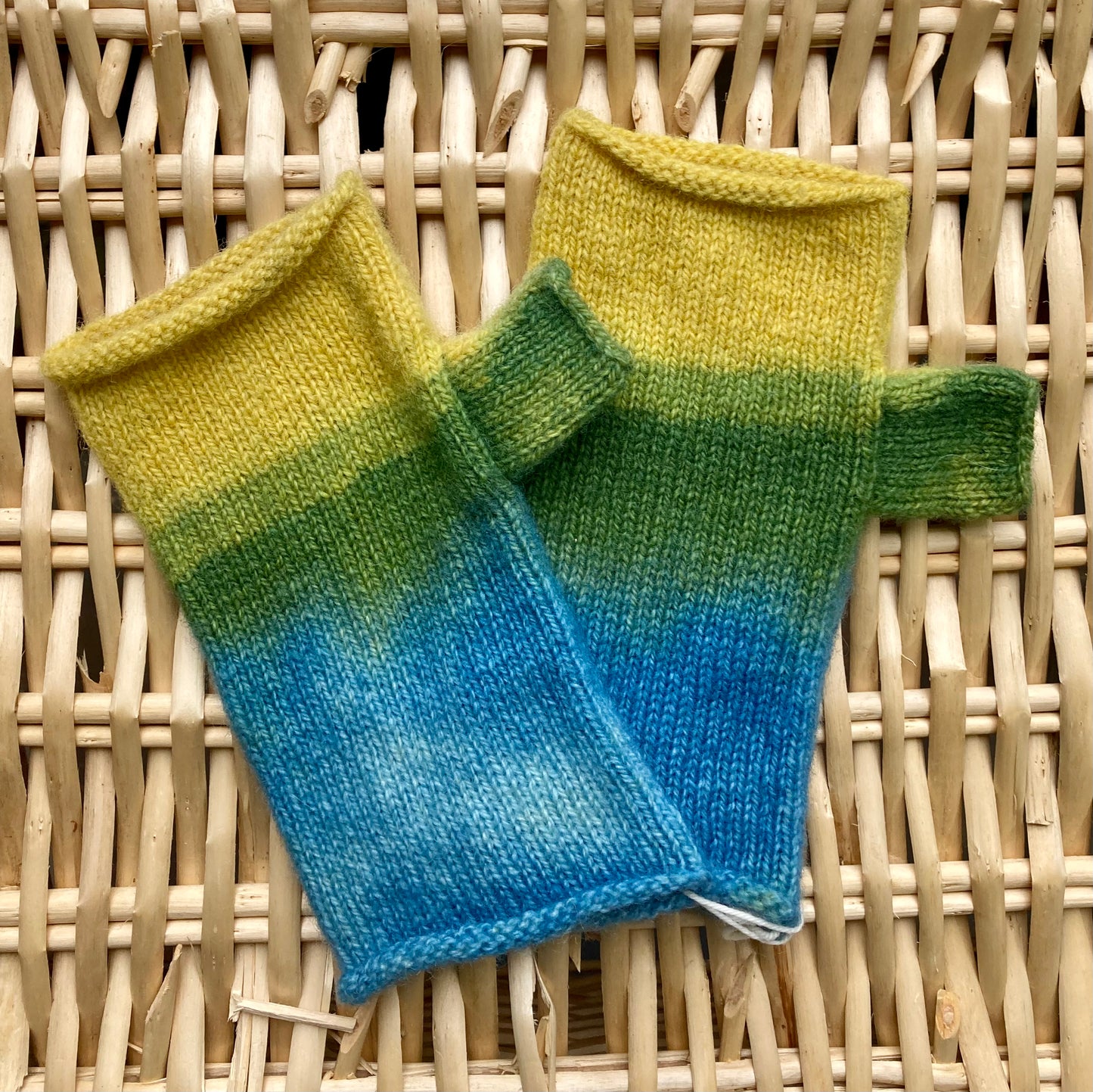 Indigo and weld dip-dyed fingerless gloves