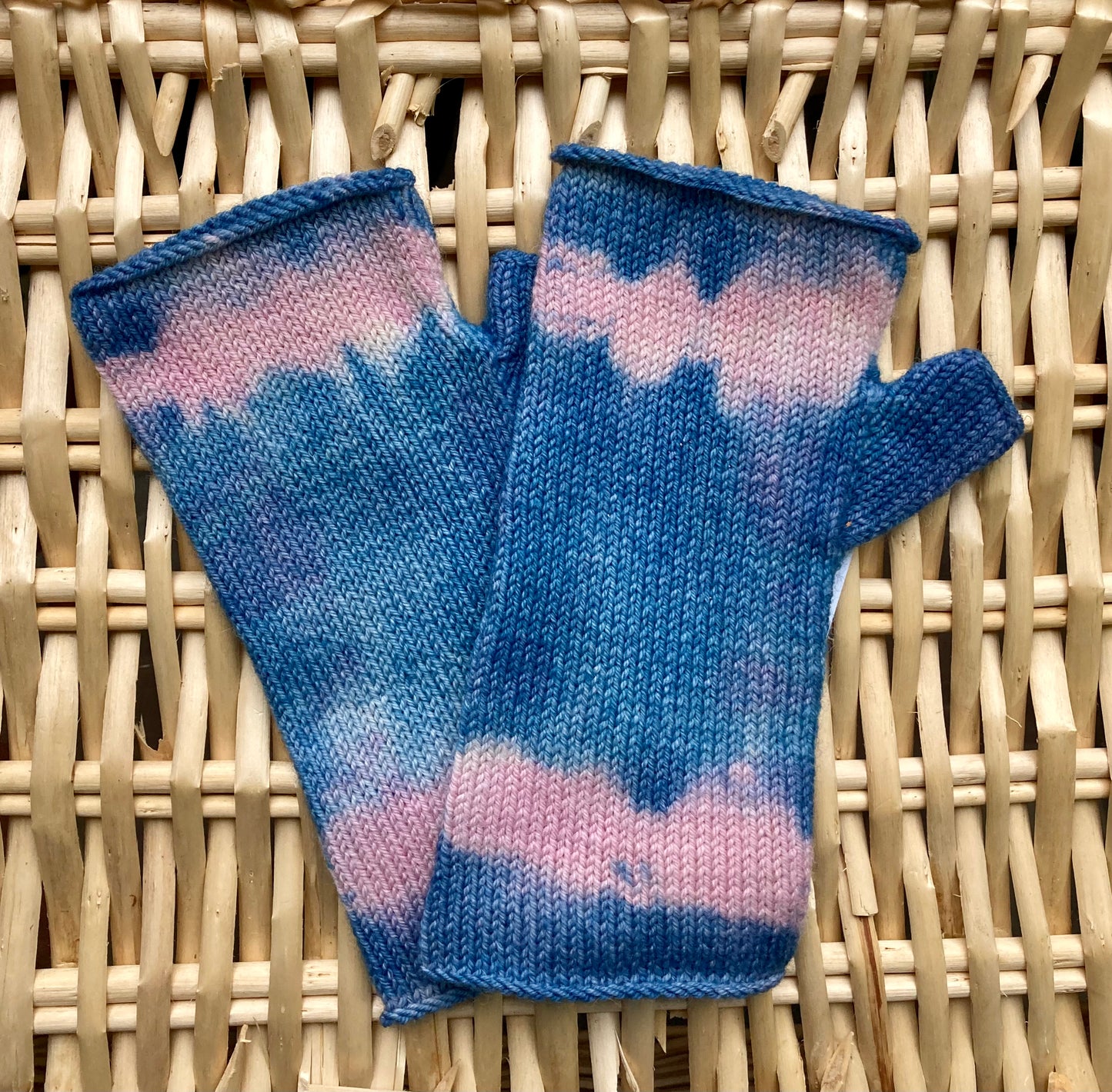 Indigo and pink tie-dyed fingerless gloves